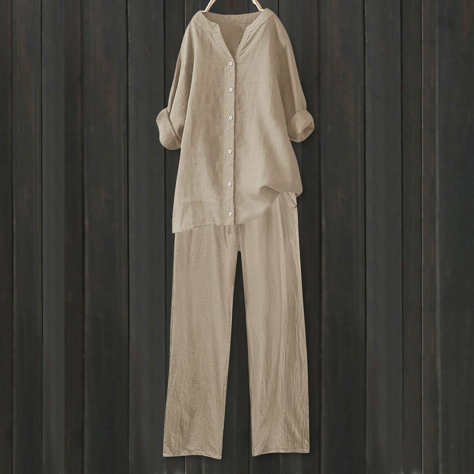 thumbnail image 2 of Conjuntos de 2 piezas para mujer: conjunto de blusa ancha y pantalones elásticos, camisa informal con cuello en V y pantalones para llevar en la calle o en la playa, poliéster, corte holgado, talla, 2 of 4